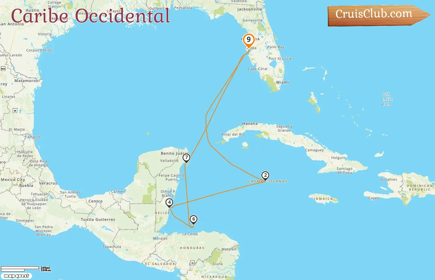Crucero por el Caribe Occidental desde Tampa a bordo del barco Rhapsody of the Seas con visitas a EE. UU., Islas Caimán, Belice, Honduras y México durante 9 días