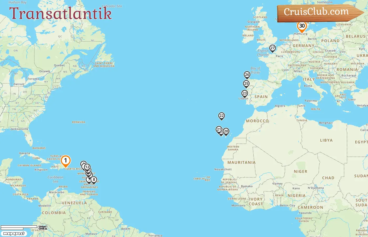 Kreuzfahrt auf dem Transatlantik von La Romana nach Hamburg an Bord des Schiffes AIDAsol mit Stopps auf Guadeloupe, Saint Vincent und den Grenadinen, Barbados, Spanien, Frankreich und Deutschland für 30 Tage