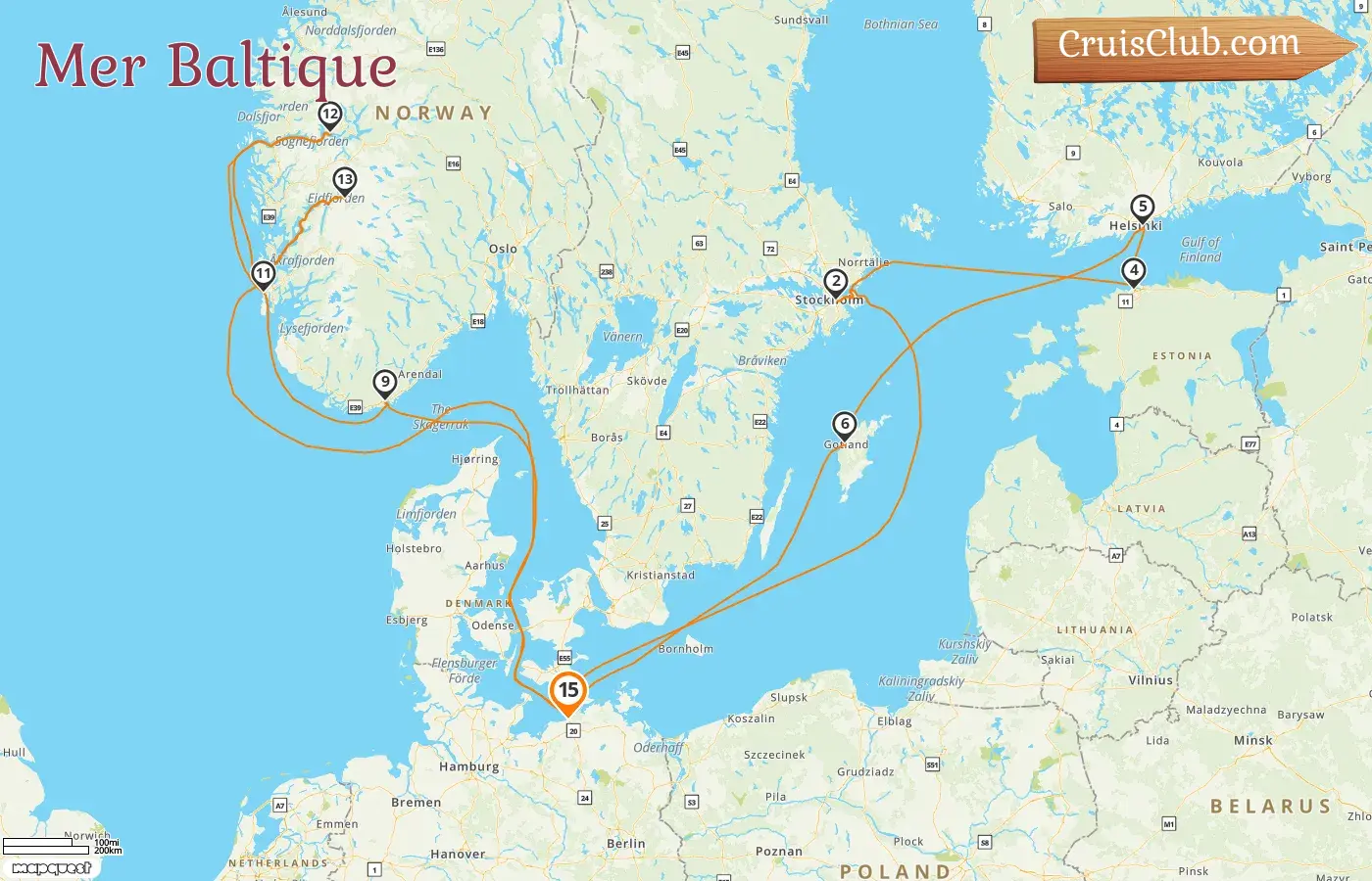 Croisière en mer Baltique au départ de Warnemünde à bord du navire AIDAdiva avec des escales en Allemagne, Suède, Estonie, Finlande et Norvège pendant 15 jours