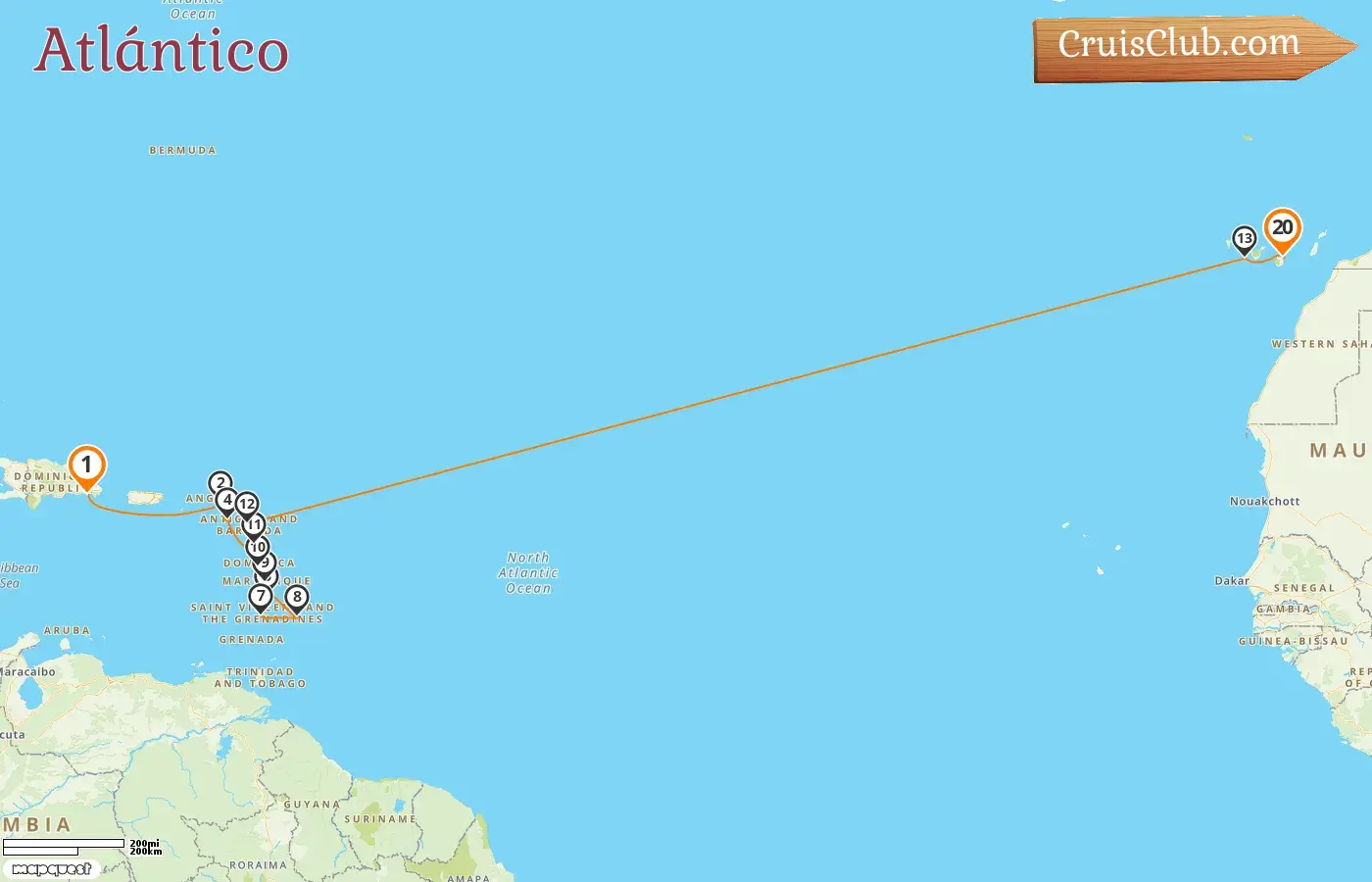 Crucero Transatlántico de La Romana a Las Palmas a bordo del barco AIDAsol con visitas a Guadalupe, San Vicente y las Granadinas, Barbados y España durante 20 días