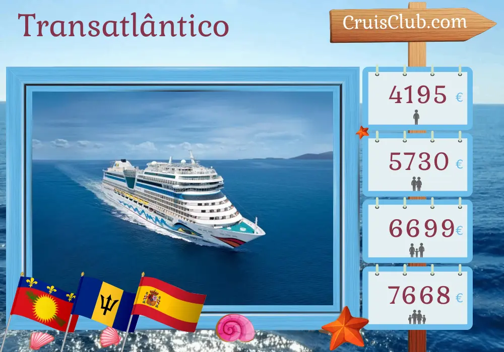 Cruzeiro no Transatlântico de La Romana para Las Palmas a bordo do navio AIDAsol com visitas a Guadalupe, São Vicente e Granadinas, Barbados e Espanha por 20 dias