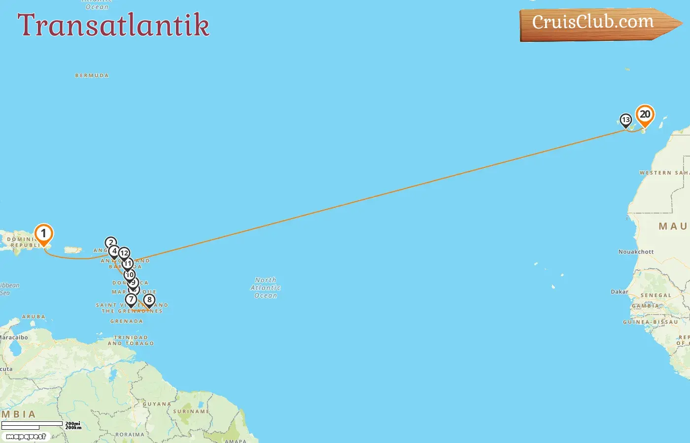 Kreuzfahrt über den Atlantik von La Romana nach Las Palmas an Bord des Schiffes AIDAsol mit Besuchen in Guadeloupe, St. Vincent und die Grenadinen, Barbados und Spanien für 20 Tage
