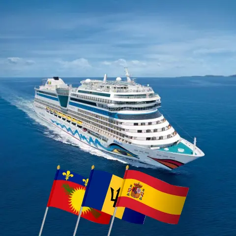 Croisière dans l`Atlantique de La Romana à Las Palmas à bord du navire AIDAsol avec des visites en Guadeloupe, à Saint-Vincent-et-les-Grenadines, à la Barbade et en Espagne pendant 20 jours