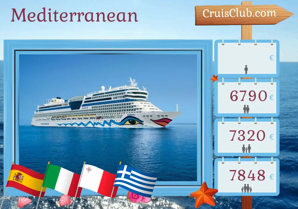 Cruise in the Mediterranean from Palma to Corfu aboard AIDAblu ship with visits to Spain, Italy, Malta, Greece, and Turkey for 17 days