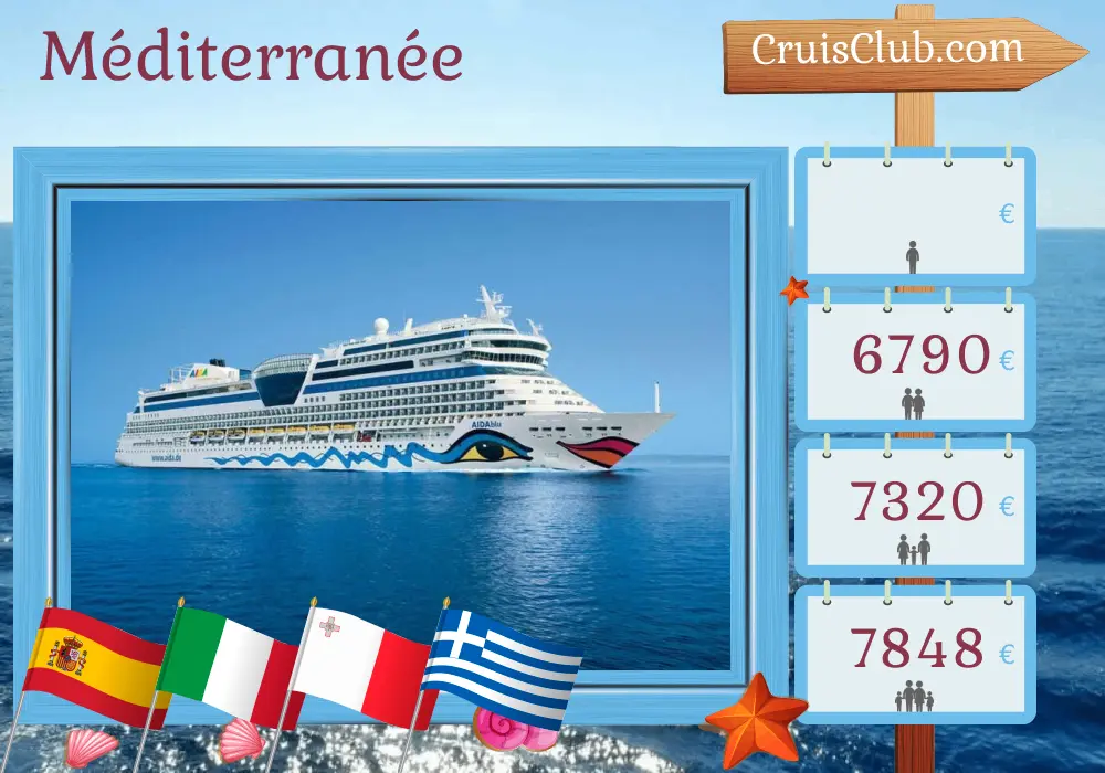 Croisière en Méditerranée de Palma à Corfou à bord du navire AIDAblu avec des visites en Espagne, en Italie, à Malte, en Grèce et en Turquie pendant 17 jours
