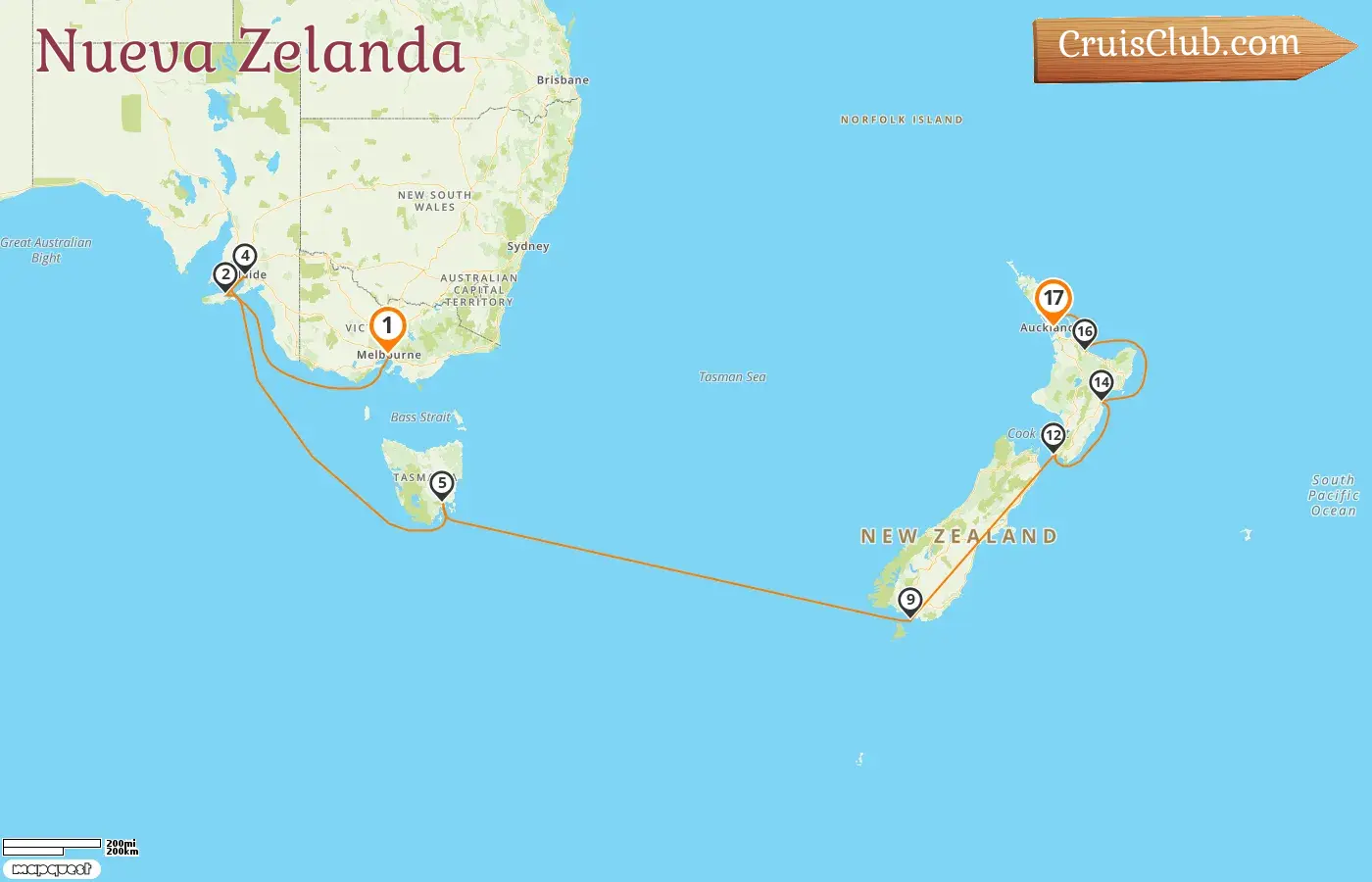 Crucero en Nueva Zelanda de Melbourne a Auckland a bordo del barco Silver Moon con visitas a Australia y Nueva Zelanda durante 17 días