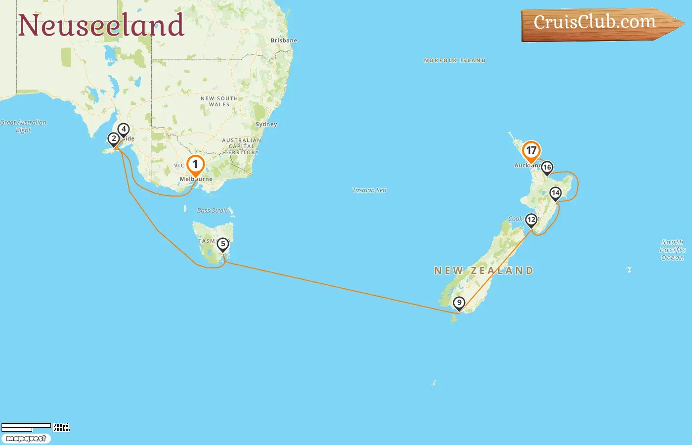 Kreuzfahrt in Neuseeland von Melbourne nach Auckland an Bord des Schiffes Silver Moon mit Besuchen in Australien und Neuseeland für 17 Tage