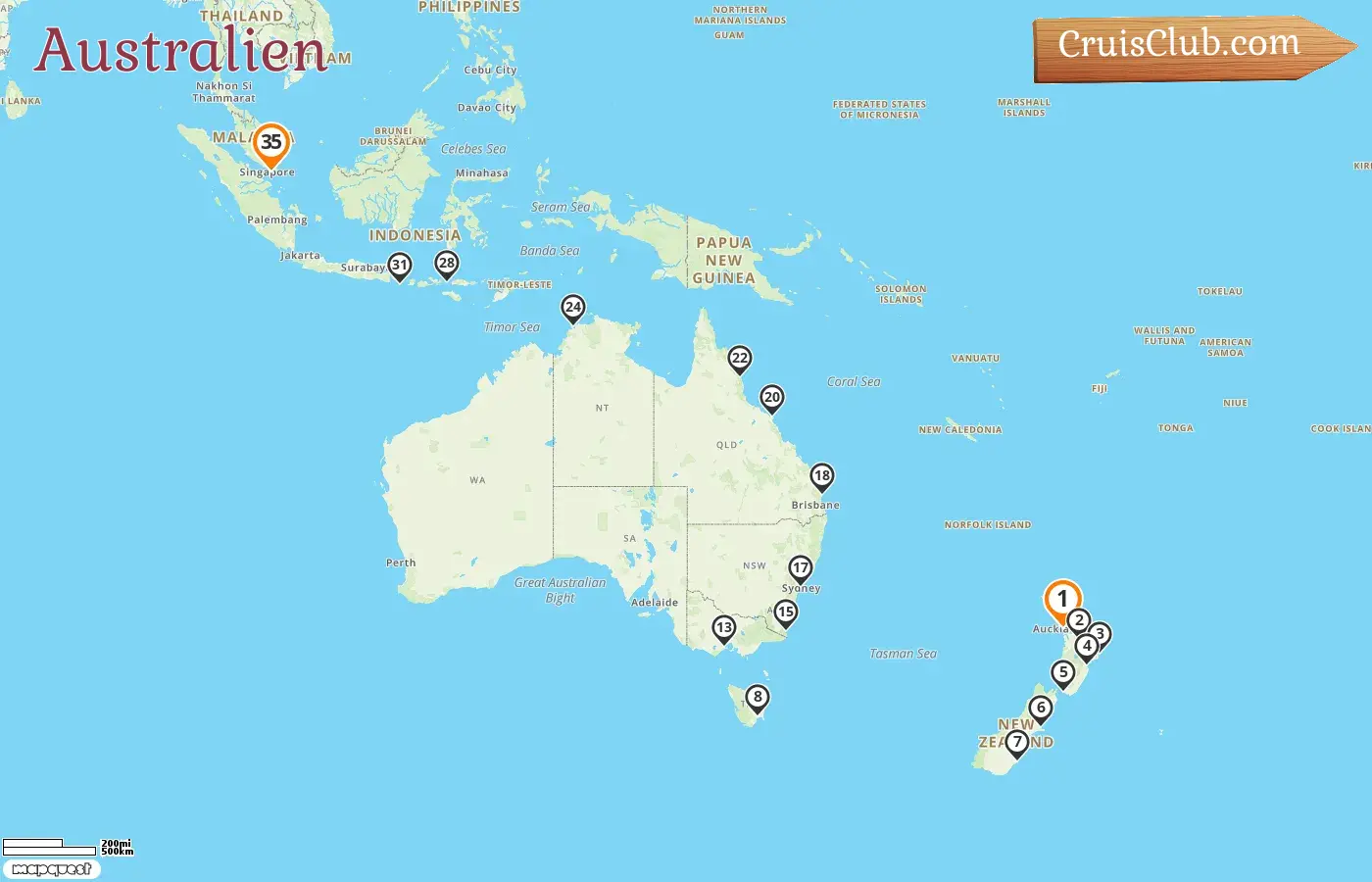 Kreuzfahrt in Australien von Auckland nach Singapur an Bord des Schiffes Silver Nova mit Besuchen in Neuseeland, Australien, Indonesien und Singapur für 35 Tage