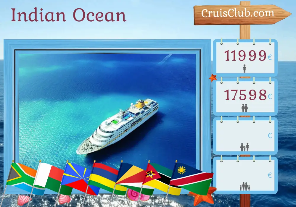 Cruise in the Indian Ocean from Cape Town to Walvis Bay aboard MS Hamburg ship with visits to South Africa, Madagascar, Réunion, Mauritius, Seychelles, Mayotte, Mozambique, and Namibia for 38 days