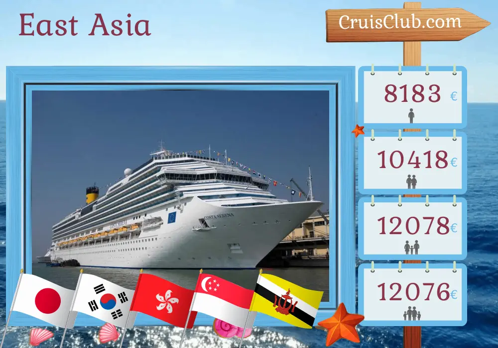 Cruise in the East Asia from Tokyo aboard Costa Serena ship with visits to Japan, South Korea, Hong Kong, Viet Nam, Thailand, Singapore, Brunei Darussalam, Philippines, and Taiwan for 29 days
