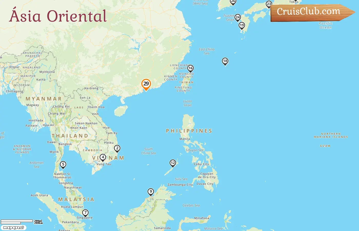Cruzeiro no Leste da Ásia partindo de Hong Kong a bordo do navio Costa Serena com visitas a Hong Kong, Vietnã, Tailândia, Singapura, Brunei Darussalam, Filipinas, Taiwan, Japão e Coreia do Sul por 29 dias