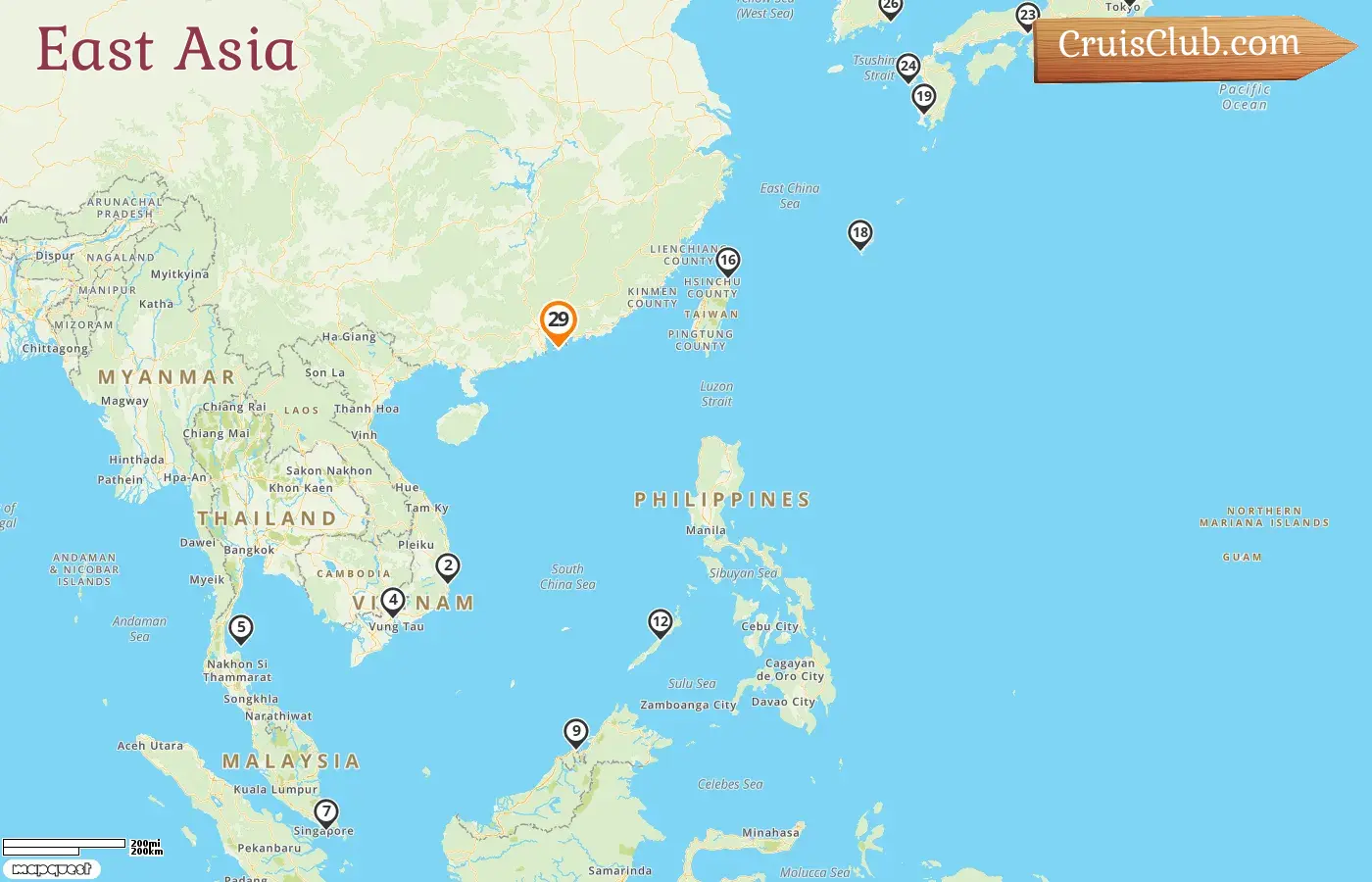 Kreuzfahrt in Ostasien ab Hongkong an Bord des Costa Serena-Schiffs mit Besuchen in Hongkong, Vietnam, Thailand, Singapur, Brunei Darussalam, den Philippinen, Taiwan, Japan und Südkorea für 29 Tage