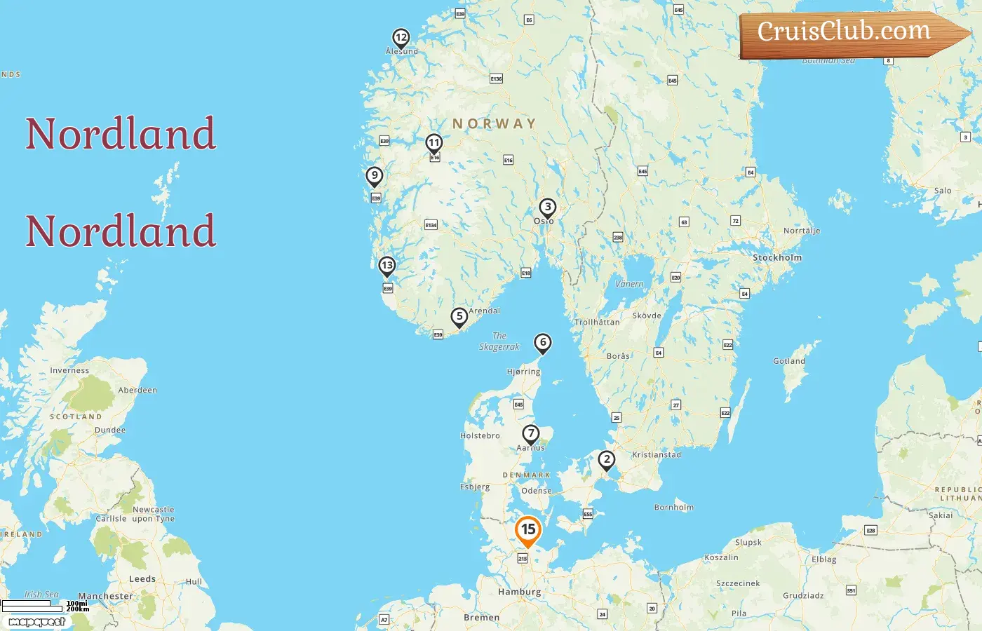 Cruzeiro no Norte partindo de Kiel a bordo do navio AIDAnova com visitas à Dinamarca e Noruega por 15 dias