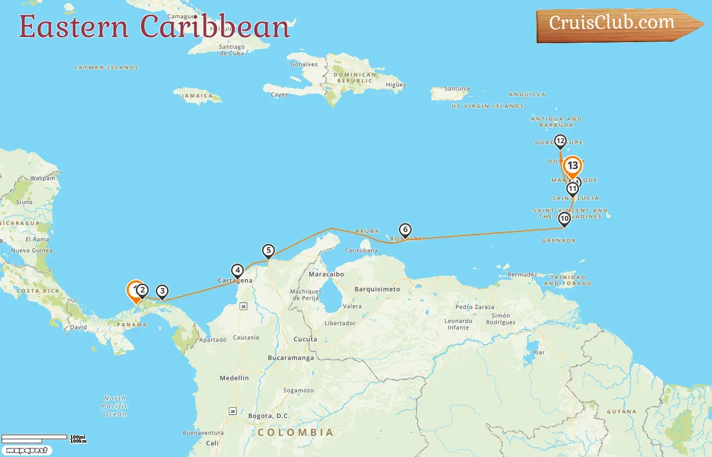 Cruise in the Eastern Caribbean from Christopher to Fort-de-France aboard Le Champlain ship with visits to Panama, Colombia, Saint Vincent and the Grenadines, Saint Lucia, and Guadeloupe for 13 days