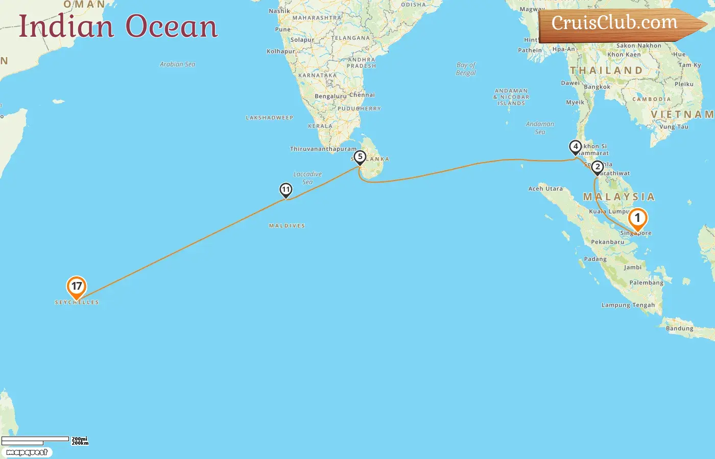 Cruise in the Indian Ocean from Singapore to Mahé aboard Silver Dawn ship with visits to Singapore, Malaysia, Thailand, Sri Lanka, Maldives, and Seychelles for 17 days