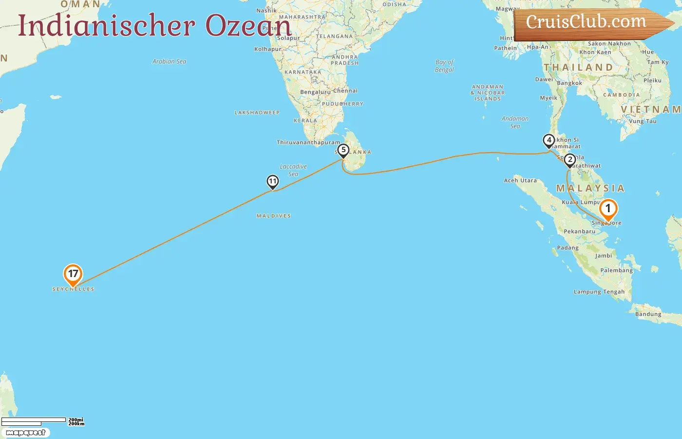 Kreuzfahrt im Indischen Ozean von Singapur nach Mahé an Bord des Schiffes Silver Dawn mit Besuchen in Singapur, Malaysia, Thailand, Sri Lanka, Malediven und Seychellen für 17 Tage