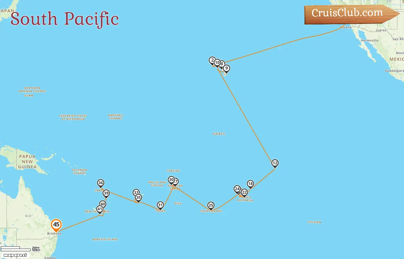 Kreuzfahrt im Südpazifik von Los Angeles nach Brisbane an Bord des Schiffes Silver Dawn mit Besuchen in den USA, Französisch-Polynesien, Cookinseln, Samoa, Tonga, Fidschi, Vanuatu, Neukaledonien und Australien für 45 Tage
