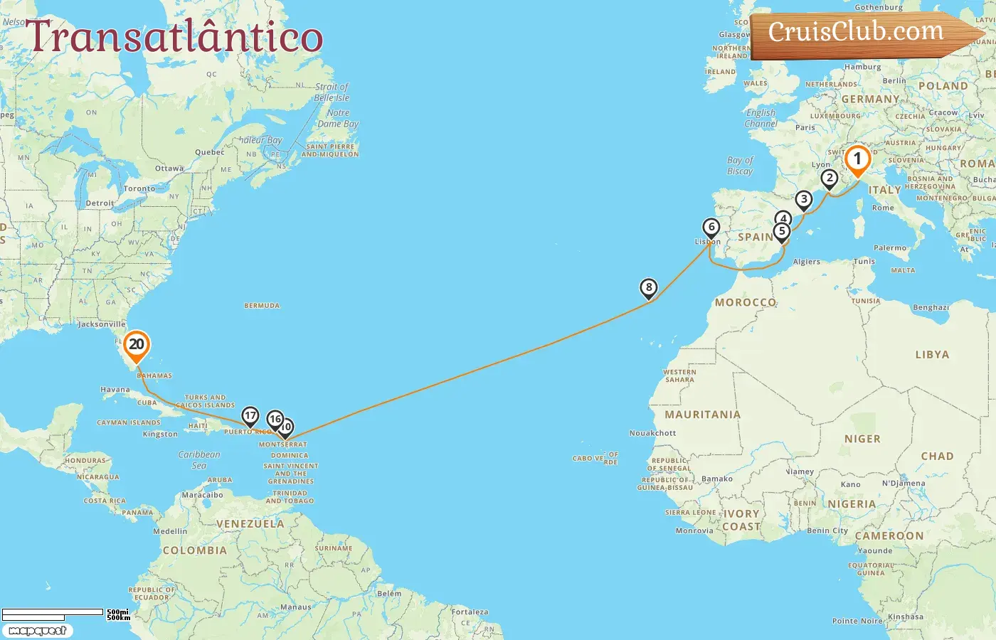 Cruzeiro no Transatlântico de Génova para Miami a bordo do navio MSC Divina com visitas a Itália, França, Espanha, Porto Rico e EUA por 20 dias