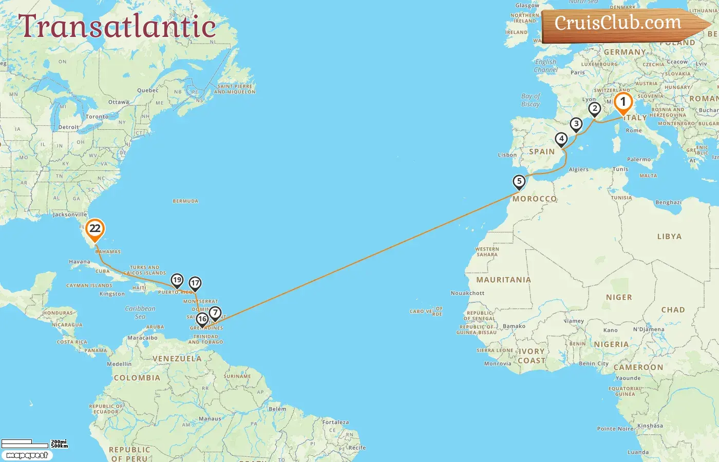 Cruise in the Transatlantic from Livorno to Miami aboard MSC Seaside ship with visits to Italy, France, Spain, Morocco, Barbados, Grenada, Puerto Rico, and USA for 22 days