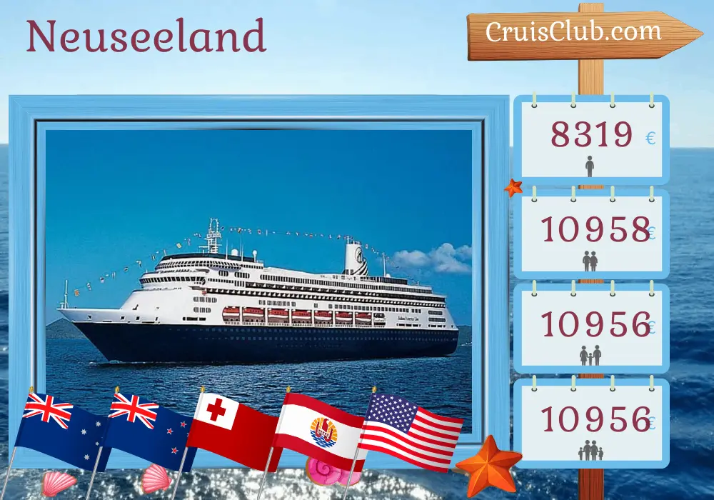 Kreuzfahrt in Neuseeland von Sydney nach San Diego an Bord des Schiffes Zaandam mit Stopps in Australien, Neuseeland, Tonga, Französisch-Polynesien und den USA für 34 Tage