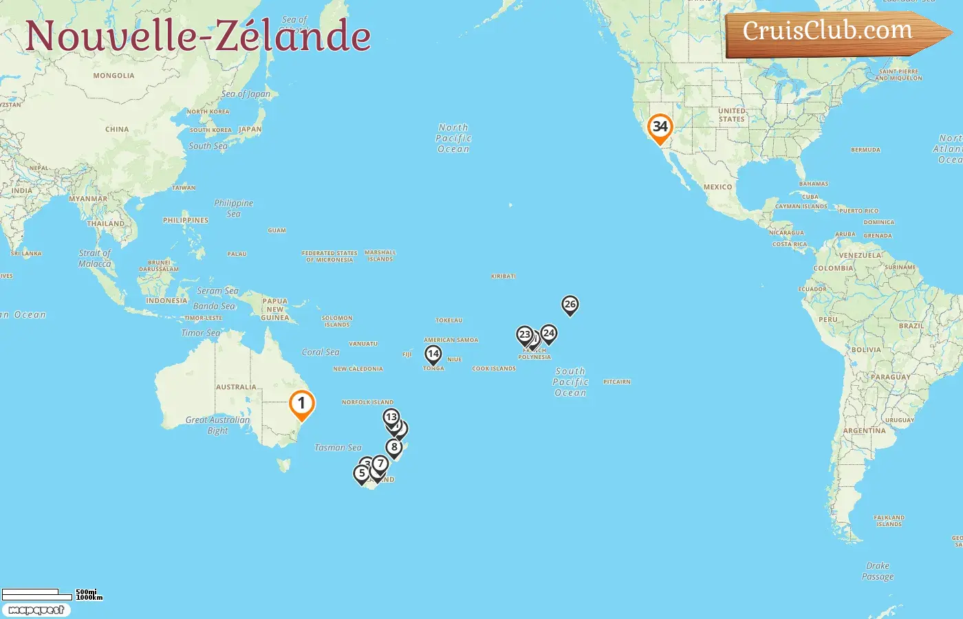 Croisière de Sydney à San Diego à bord du navire Zaandam avec des visites en Australie, en Nouvelle-Zélande, aux Tonga, en Polynésie française et aux États-Unis pendant 34 jours