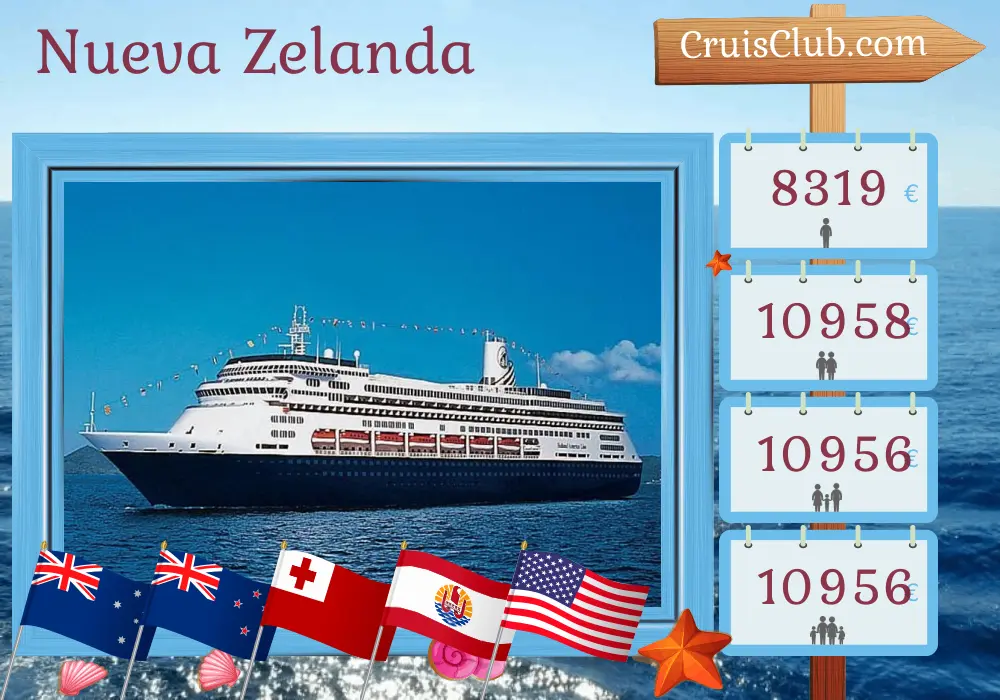 Crucero de Sydney a San Diego a bordo del barco Zaandam con visitas a Australia, Nueva Zelanda, Tonga, Polinesia Francesa y EE.UU. durante 34 días