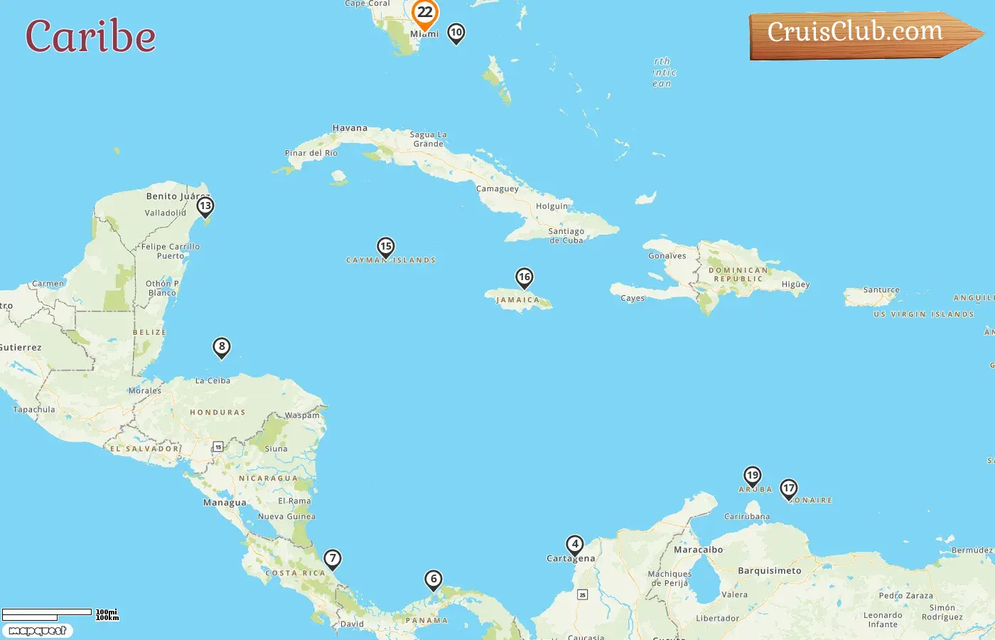 Cruzeiro no Caribe de Miami a bordo do navio MSC Divina com visitas aos EUA, Jamaica, Colômbia, Panamá, Costa Rica, Honduras, Bahamas, México, Ilhas Cayman, Curaçao e Aruba por 22 dias