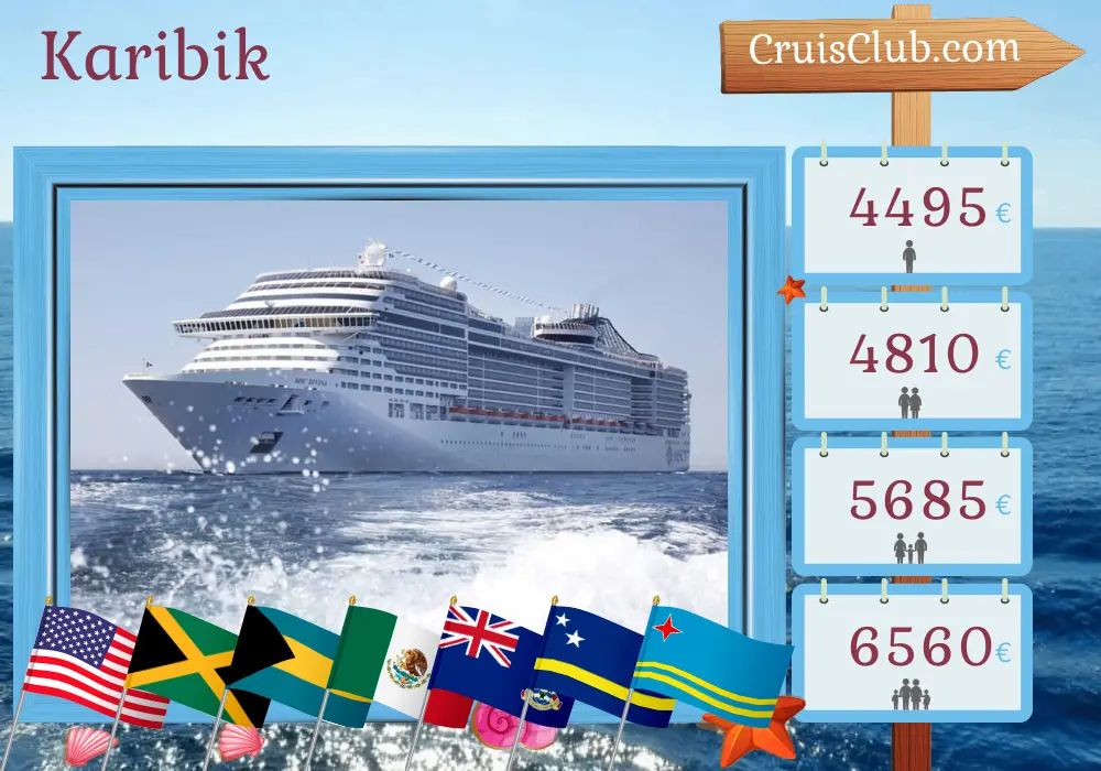 Kreuzfahrt in der Karibik ab Miami an Bord des MSC Divina Schiffes mit Besuchen in den USA, Jamaika, Kolumbien, Panama, Costa Rica, Honduras, Bahamas, Mexiko, den Kaimaninseln, Curaçao und Aruba für 22 Tage