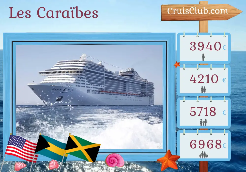 Croisière dans les Caraïbes au départ de Miami à bord du navire MSC Divina avec escales aux États-Unis, en République dominicaine, aux Bahamas, en Jamaïque, en Colombie, au Panama, au Costa Rica et au Honduras pendant 19 jours
