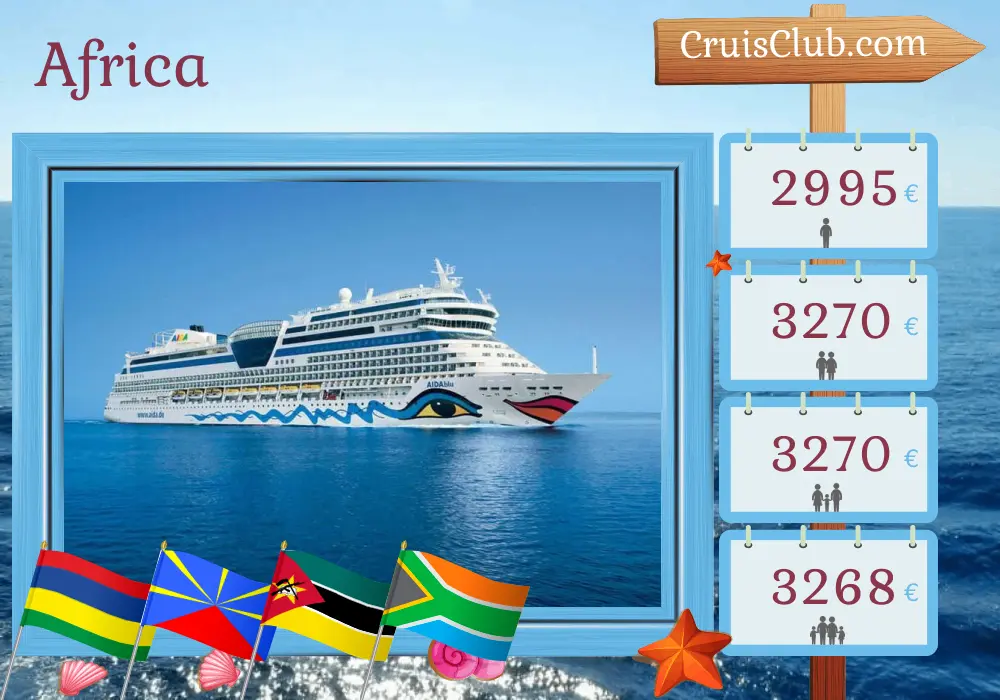 Cruise in the Africa from Port Louis to Cape Town aboard AIDAblu ship with visits to Mauritius, Réunion, Mozambique, and South Africa for 15 days