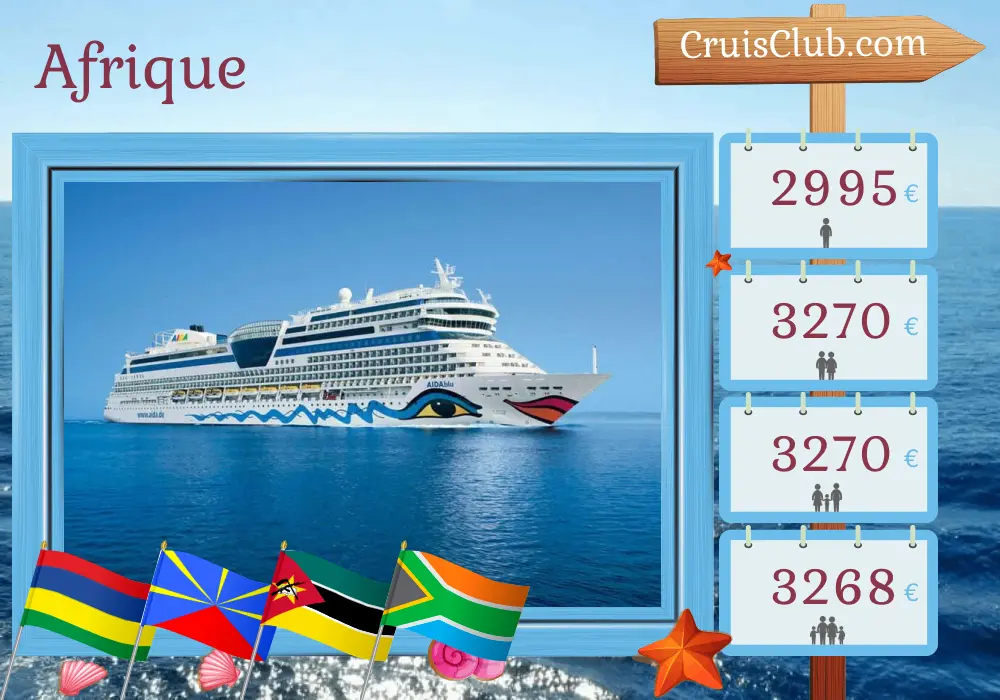 Croisière en Afrique de Port-Louis au Cap à bord du navire AIDAblu avec escales à l`île Maurice, à La Réunion, au Mozambique et en Afrique du Sud pendant 15 jours