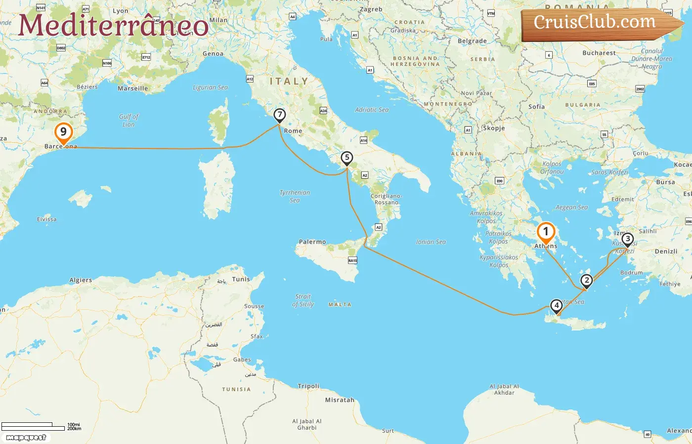 Cruzeiro no Mediterrâneo de Pireu a Barcelona a bordo do navio Rhapsody of the Seas com visitas à Grécia, Turquia, Itália e Espanha por 9 dias