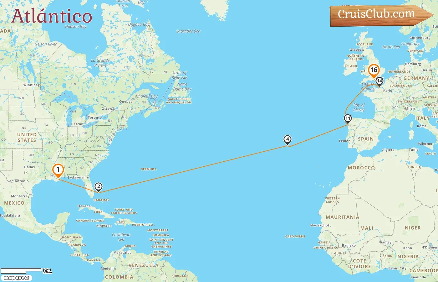 Crucero Transatlántico de Nueva Orleans a Southampton a bordo del barco Mariner of the Seas con visitas a Estados Unidos, Bahamas, Portugal, España y Francia durante 16 días