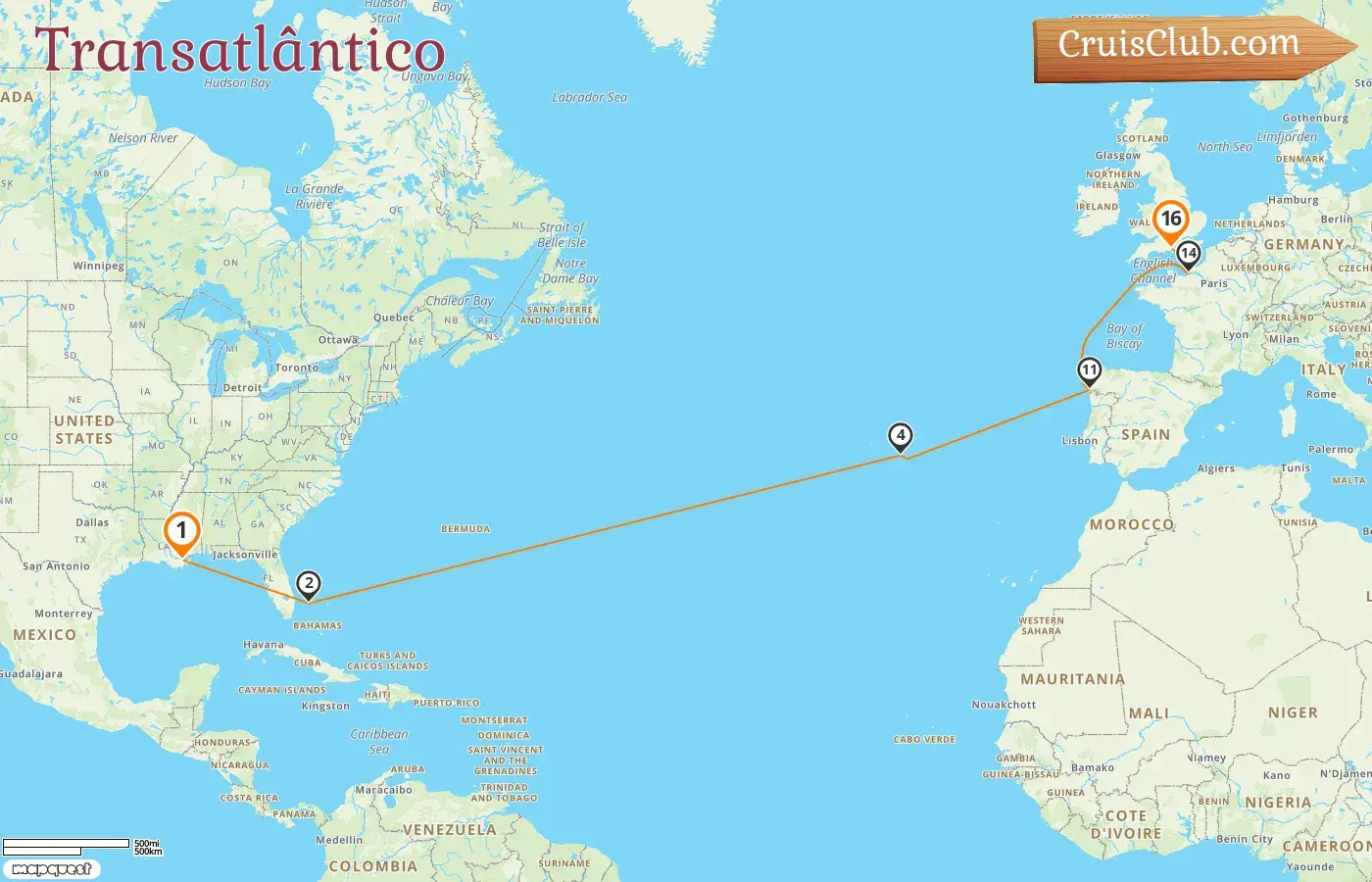 Cruzeiro Transatlântico de Nova Orleans para Southampton a bordo do navio Mariner of the Seas com visitas aos EUA, Bahamas, Portugal, Espanha e França por 16 dias
