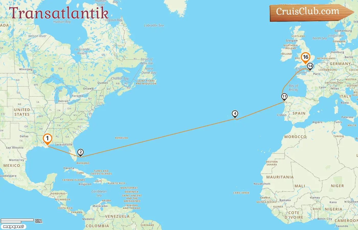 Kreuzfahrt im Transatlantik von New Orleans nach Southampton an Bord des Schiffes Mariner of the Seas mit Stopps in den USA, den Bahamas, Portugal, Spanien und Frankreich für 16 Tage