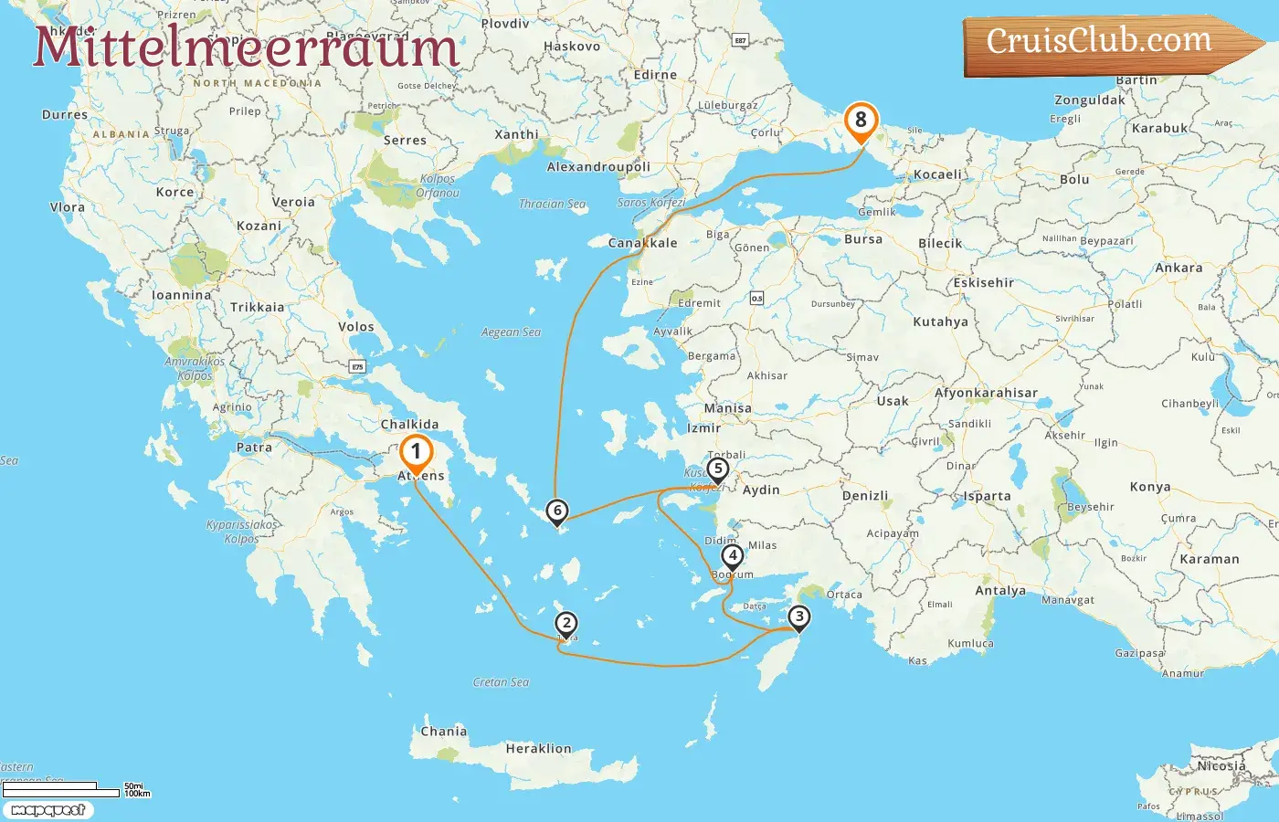 Kreuzfahrt im Mittelmeer von Piräus nach Istanbul an Bord des Schiffes Rhapsody of the Seas mit Besuchen in Griechenland und der Türkei für 8 Tage