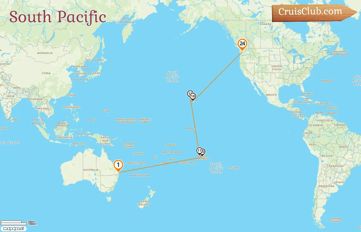 Cruise in the South Pacific from Brisbane to Seattle aboard Quantum of the Seas ship with visits to Australia, French Polynesia, and USA for 24 days