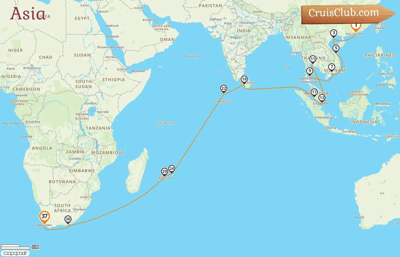 Crucero en Asia desde Hong Kong a Ciudad del Cabo a bordo del barco Mein Schiff 6 con visitas a Hong Kong, Vietnam, Tailandia, Singapur, Malasia, Sri Lanka, Maldivas, Mauricio, Reunión y Sudáfrica durante 37 días