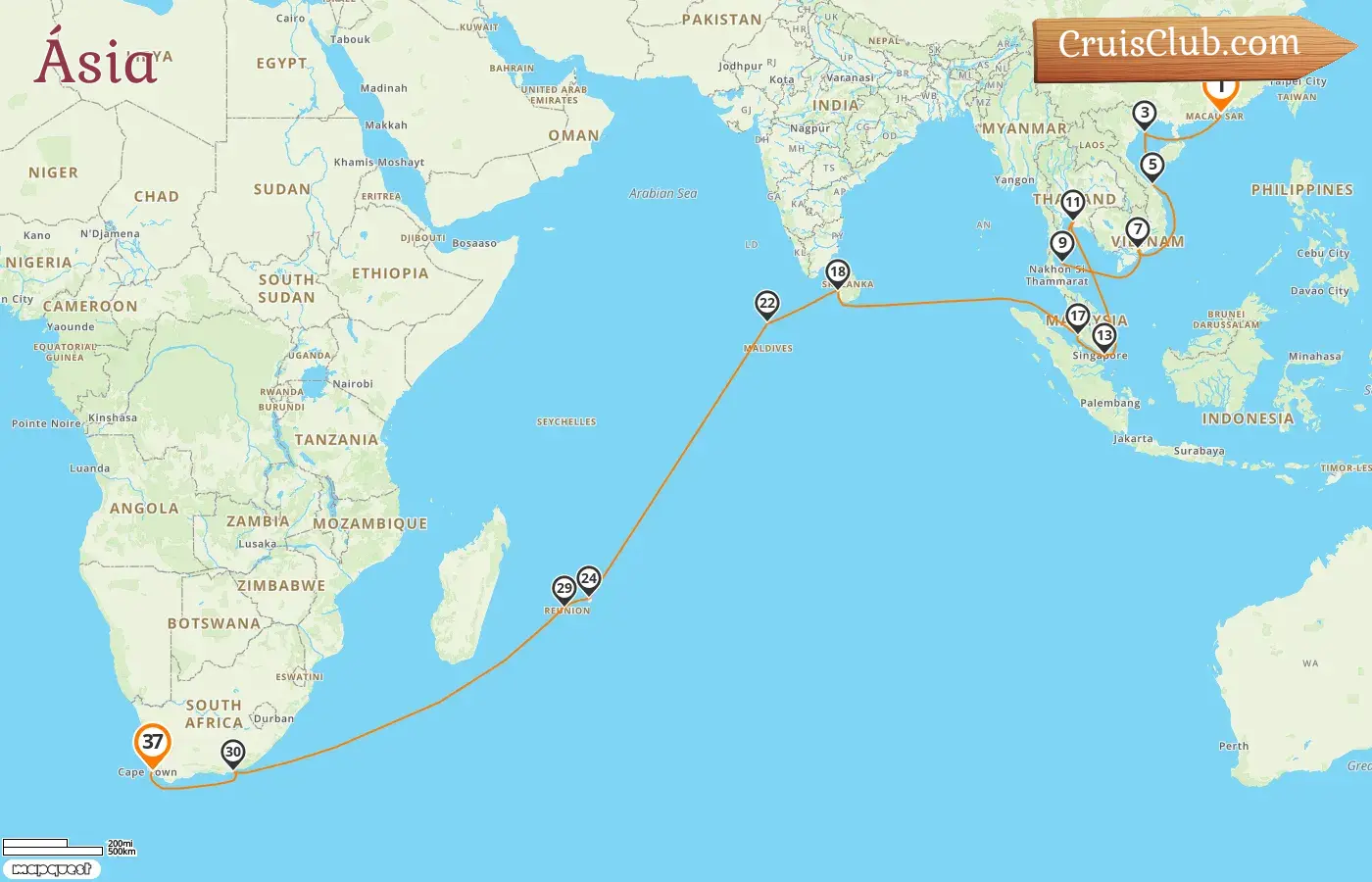 Cruzeiro na Ásia de Hong Kong a Cape Town a bordo do navio Mein Schiff 6 com visitas a Hong Kong, Vietnã, Tailândia, Cingapura, Malásia, Sri Lanka, Maldivas, Maurícia, Reunião e África do Sul por 37 dias