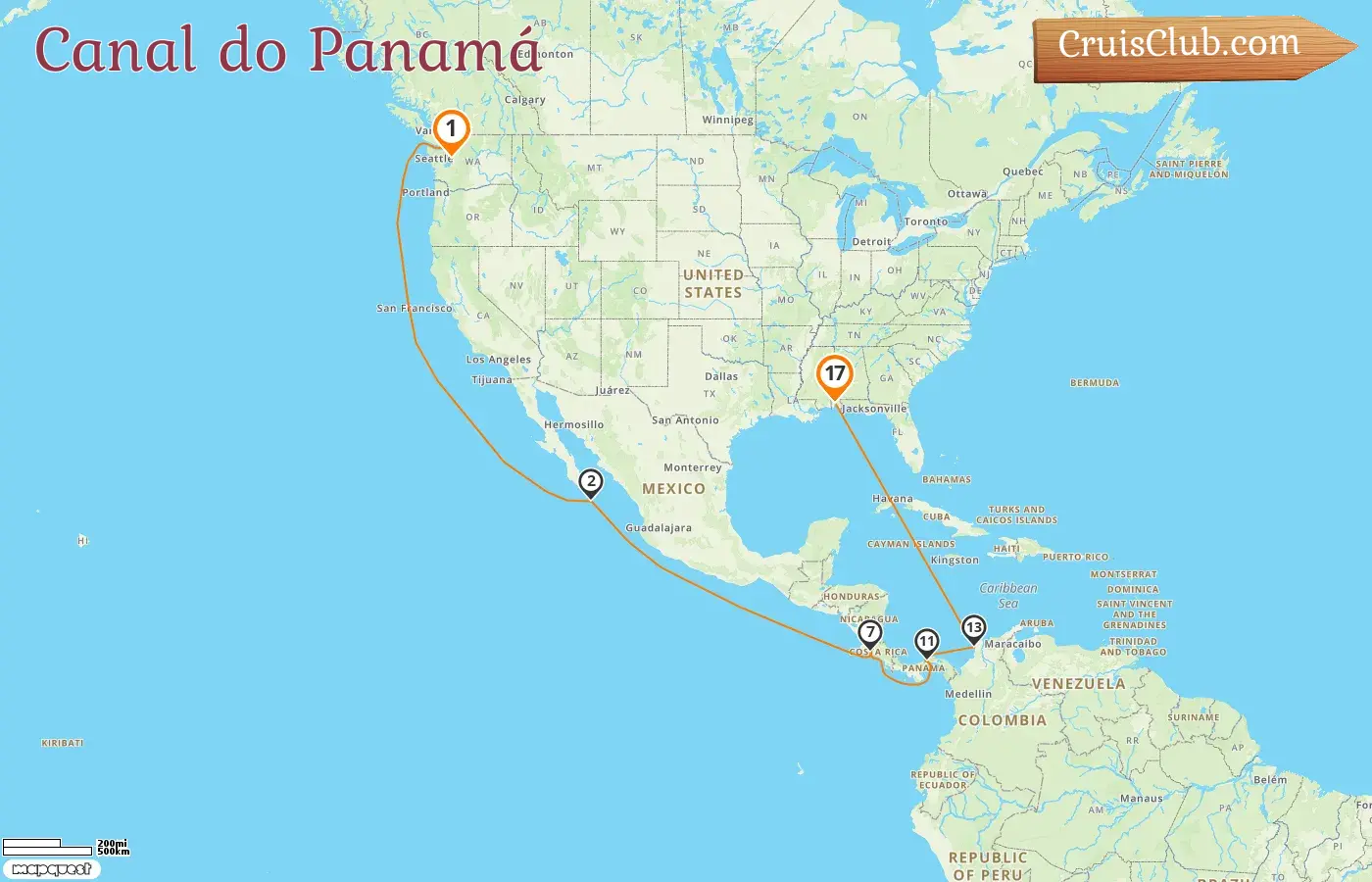 Cruzeiro no Canal do Panamá de Seattle para Mobile a bordo do navio Carnival Spirit com visitas aos EUA, México, Costa Rica, Panamá e Colômbia por 17 dias