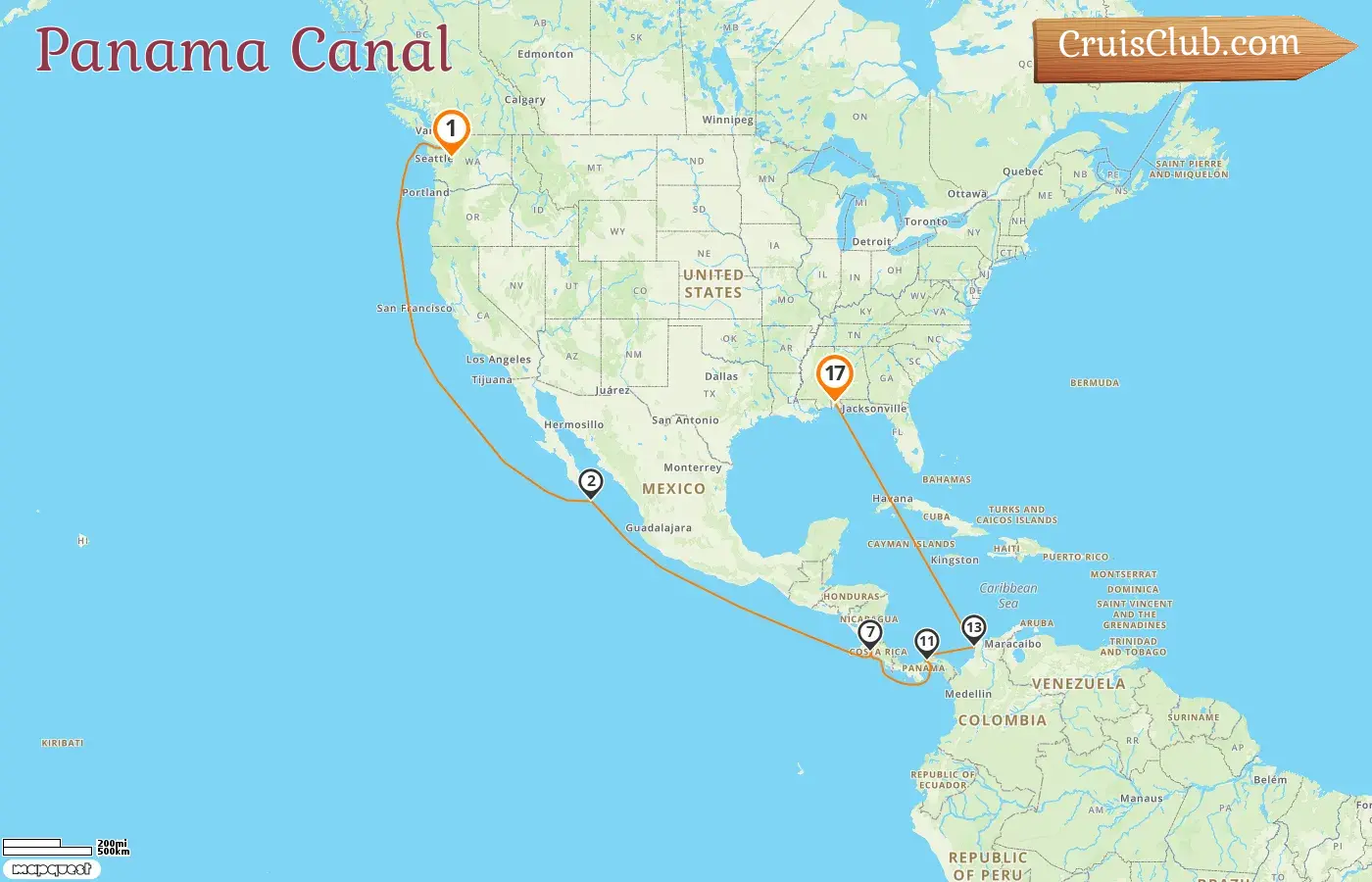 Cruise in the Panama Canal from Seattle to Mobile aboard Carnival Spirit ship with visits to USA, Mexico, Costa Rica, Panama, and Colombia for 17 days