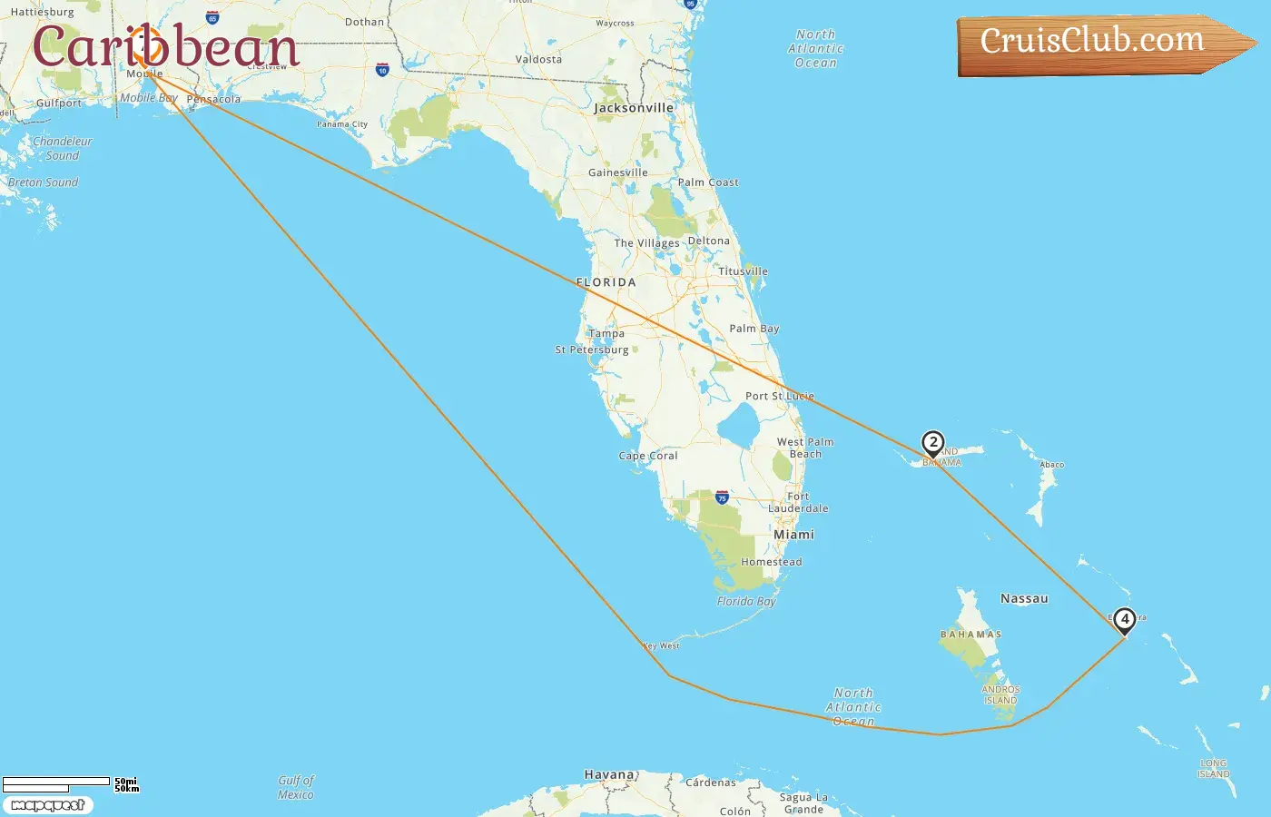 Cruise in the Caribbean from Mobile aboard Carnival Spirit ship with visits to USA and Bahamas for 7 days