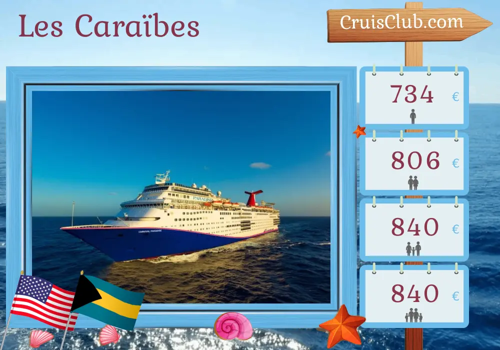 Croisière dans les Caraïbes au départ de Tampa à bord du navire Carnival Paradise avec des escales aux États-Unis et aux Bahamas pendant 7 jours