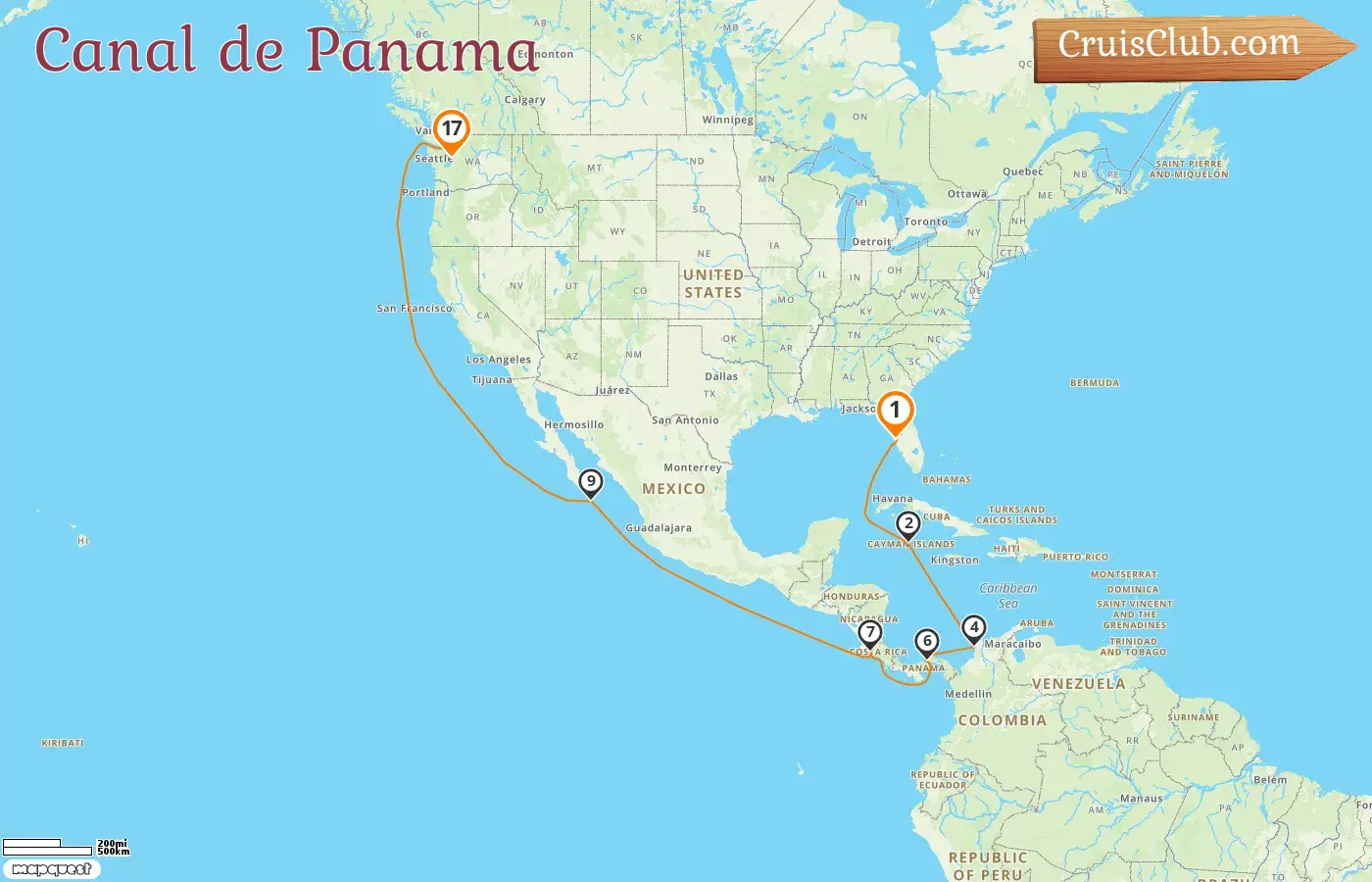 Croisière dans le canal de Panama de Tampa à Seattle à bord du navire Carnival Miracle avec des visites aux États-Unis, aux îles Caïmans, en Colombie, au Panama, au Costa Rica et au Mexique pendant 17 jours