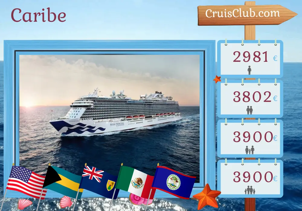 Cruzeiro no Caribe a partir de Fort Lauderdale a bordo do navio Regal Princess com visitas aos EUA, Bahamas, República Dominicana, México, Belize e Honduras por 15 dias