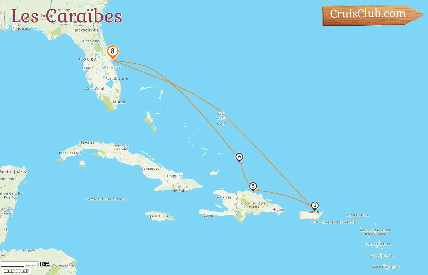 Croisière dans les Caraïbes depuis Port Canaveral / Orlando à bord du navire Caribbean Princess avec des visites aux États-Unis, à Porto Rico et en République dominicaine pendant 8 jours