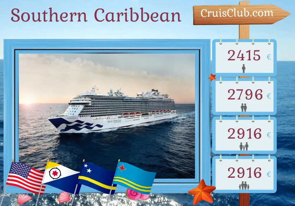 Cruise in the Southern Caribbean from Fort Lauderdale aboard Regal Princess ship with visits to USA, Curaçao, and Aruba for 9 days