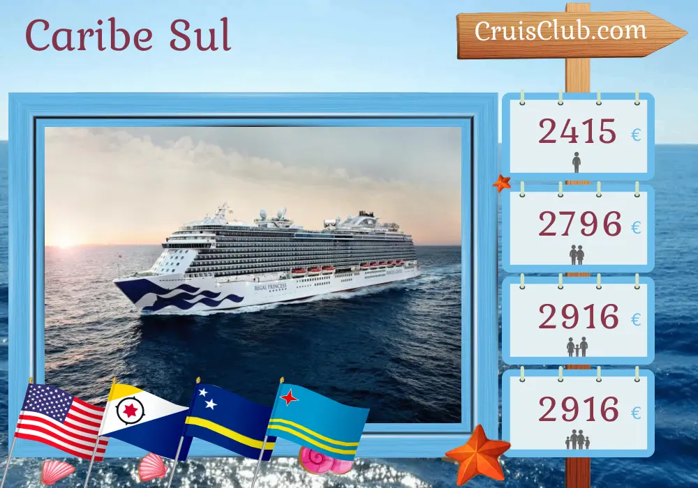 Cruzeiro no sul do Caribe a partir de Fort Lauderdale a bordo do navio Regal Princess com visitas aos EUA, Curaçao e Aruba por 9 dias