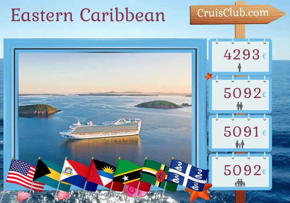 Kreuzfahrt in der östlichen Karibik ab Fort Lauderdale an Bord des Schiffes Caribbean Princess mit Stopps in den USA, den Bahamas, St. Kitts und Nevis, den Britischen Jungferninseln, Dominica und Martinique für 21 Tage