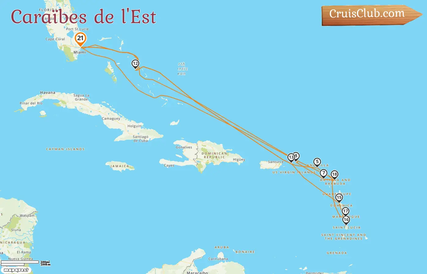Croisière dans les Caraïbes orientales au départ de Fort Lauderdale à bord du navire Caribbean Princess avec des escales aux États-Unis, aux Bahamas, à Saint-Kitts-et-Nevis, aux îles Vierges britanniques, en Dominique et en Martinique pendant 21 jours